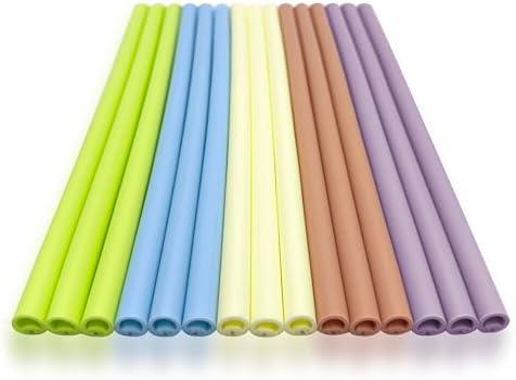 HAPPY CREATE Reusable Silicone Washable Softy Drinking Straws Snap Openable & Washable Straight Smoothie Flexible Straw Hot and Cold Compatible (15, citron+pink duck+cream+pool+orchid, 10 inch 10mm)