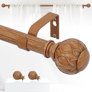 TANGWIN Wood Boho Curtain Rods for Windows:36-88Inch Wooden Farmhouse Curtain Rod for Bedroom Living Room,Heavy Duty Adjustable Rustic Decorative Drapery Rods with Vintage Imitation Wood Finial,Brown