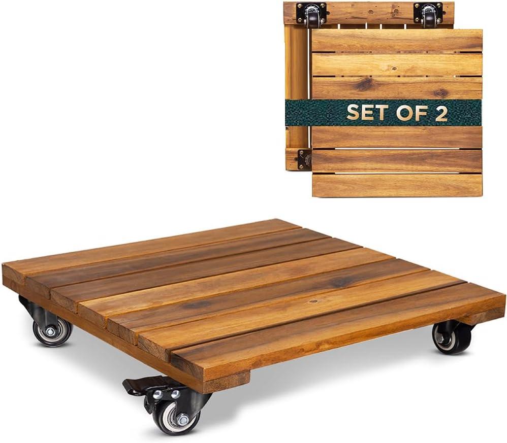 Idzo 2-Pack 14 Inch Wood Plant Caddy with Wheels Heavy Duty, 264 lbs Acacia Hardwood Plant Caster Dolly Rolling Stand with 360 Lockable Wheels for Heavy Plant Pots and Outdoor Use (Square Wood Natural)