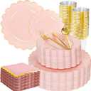 LIYH 210 Pcs Pink and Gold Scalloped Plastic Plates - Disposable Dinnerware Set,Include Gold Plastic Silverware,Pink Plates and Napkins Party Supplies for Birthday Wedding