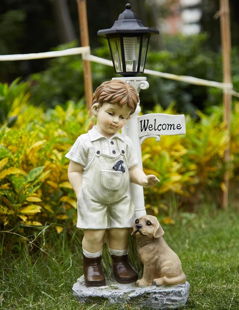 Solar Boy Statue Welcome Sign Garden Statues for Garden Decor, Porch, Lawn, Yard Art Decorations, Resin 23.2H inch