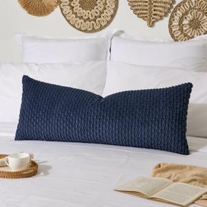 Kevin Textile 14x36 Inch Long Lumbar 1 Pack Boho Decorative Throw Pillow Cover Soft Striped Corduroy Rectangle Cushion Case Farmhouse Solid Color Accent for Living Room Couch Sofa Bed, Navy Blue