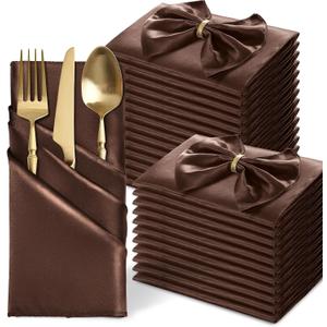 MILVOWOC 24 Pack Square Chocolate Brown Satin Napkins 20 x 20 Inch Soft Silk Dinner Napkins Smooth Decorative Table Napkins, Silky Cloth Napkins for Weddings Dinner Restaurant Party Decoration