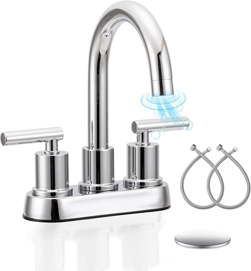 VXV Bathroom Faucet 4 Inch 2 Handle Centerset Sink Faucet 360 Swivel Spout with Pop-up Drain Chrome
