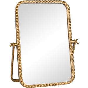 Vintage Desk Makeup Mirror, 12" L x 7.9" W Antique Gold Vanity Table Mirror, Metal Framed Rectangular Small Standing Mirror with Beaded, 360 Adjustable Rotation for Tabletop, Bedroom