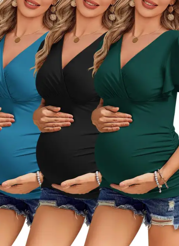 Ekouaer Women's Maternity Shirts 3 Packs Nursing Tops Flying Short Sleeve Breastfeeding Tees Side Ruched Pregnancy Clothes Size XL