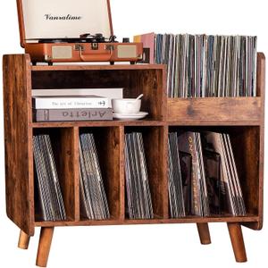 Record Player Stand, Large Record Player Table Cabinet with Open Vinyl Storage and Display Shelf Holds up to 350 Albums, Mid Century Wood Turntable for Living Room, Bedroom (Brown)
