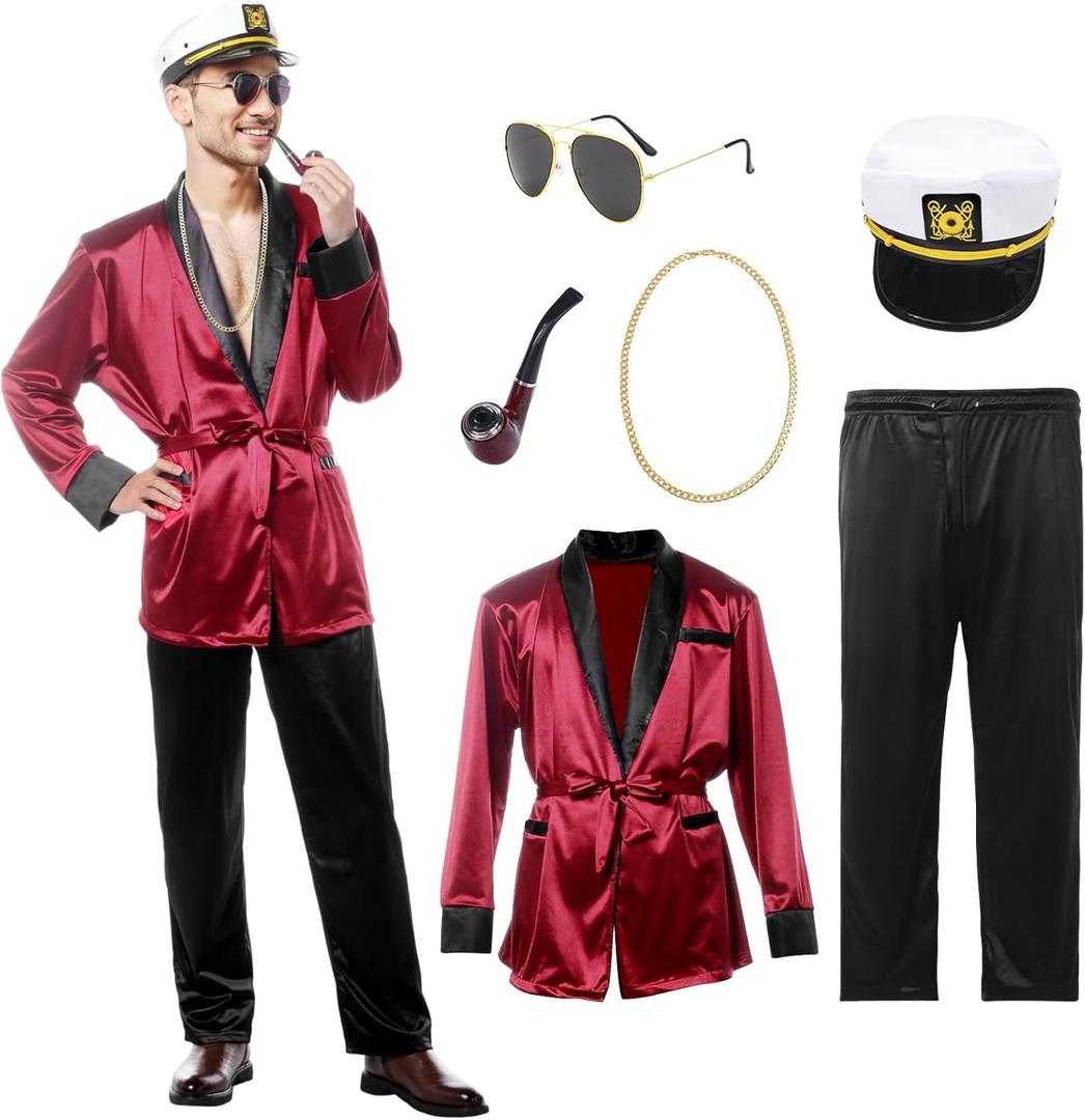 Red Silk Robe Jacket Halloween Couples Costumes With Black Pants Sunglasses Captain Hat Necklace for Men (Medium)