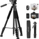K&F CONCEPT Camera Tripod, 75" Lightweight Portable Travel Outdoor DSLR Tripods for Camera Phone Video Recording Tripod Stand, Cellphone Clip for Smartphone Live Streaming Vlog, Black