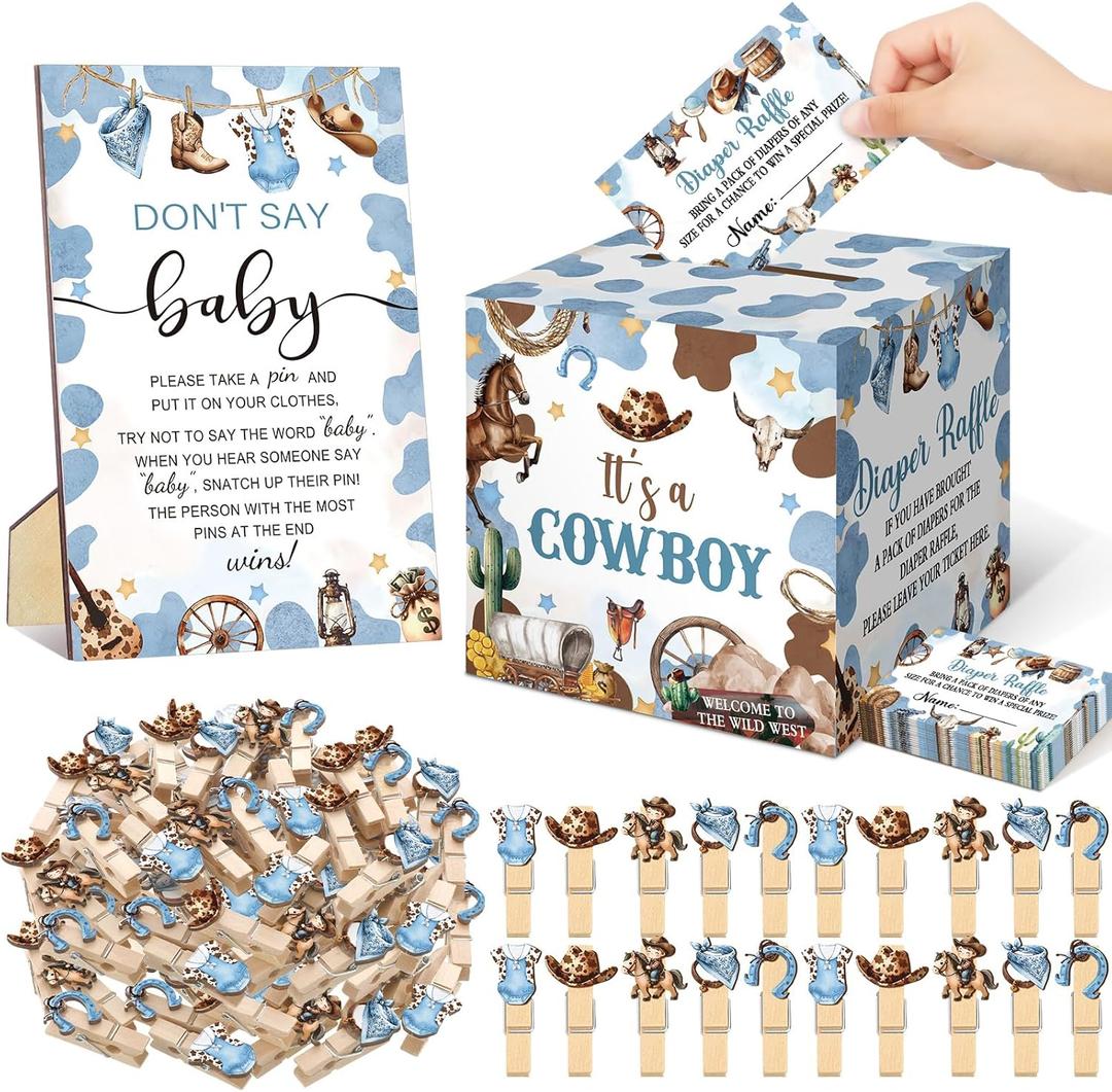Cinnvoice 102 Pcs Diaper Raffle Tickets with Raffle Box Baby Shower Party Decorations Don't Say Baby Sign Clothespin for Gender Reveal Party Invitation Insert Card Theme Game(Blue,Cowboy)