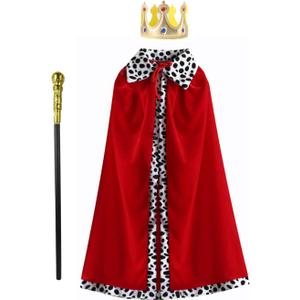 King Costume Set Red Cloak Golden Crown And Scepter Set Prince Capes Halloween Costume For Kids Teen Adult (3'7" - 4'7")