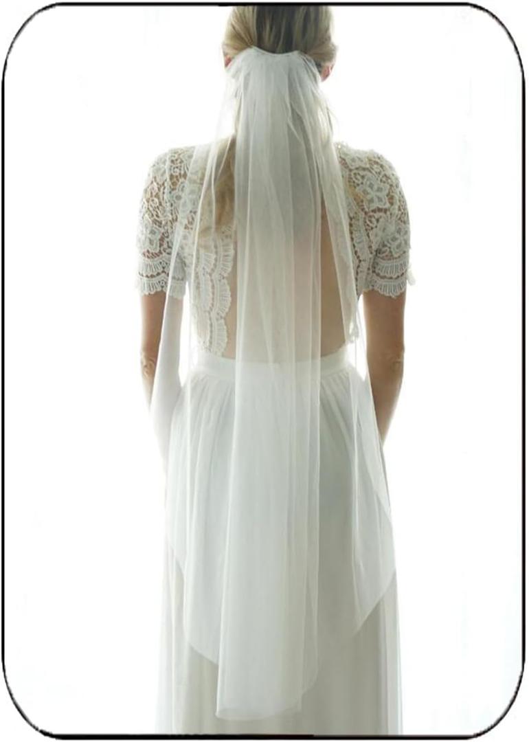 HEREAD 1 Tier Bride Wedding Veil Fingertip Length Short Bridal Tulle Veils with Comb and Cut Edge (39.4 inch (Pack of 1), Ivory)