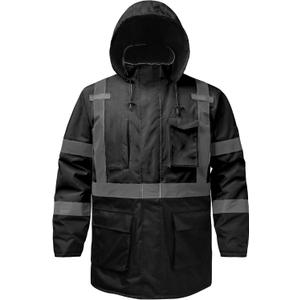 Reflective Jacket, High Visibility Parka, Waterproof Hi Vis, Safety Jacket with Removable Hood and Zipper, ANSI Class 3 (Black, XL)