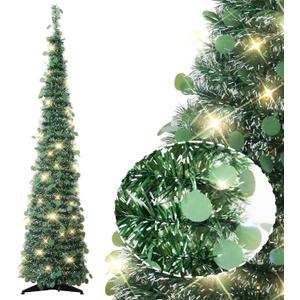 5FT Pop up Christmas Tree for St Patrick's Day Indoor Decor,Pre-lit Mini Christmas Tree with 60 Lights,Green White Artificial Pencil Tree Collapsible Tinsel Lighted up Easter Decor Tree with Glitter