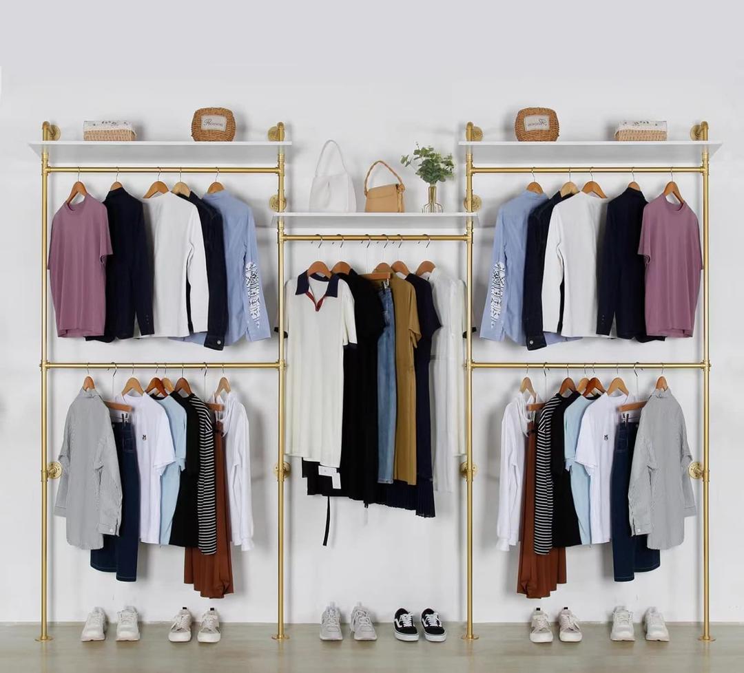 Industrial Pipe Clothing Rack Wall Mounted 5 Hanging Rods Garment Bar with Storage Shelf, Heavy Duty Metal Clothes Racks Closet System for Hanging Clothes Retail Display (Gold)