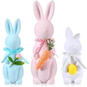Yookeer 3 Pack Easter Bunny Decorations, Pastel Flocked Bunny Kit, Spring Table Centerpieces Easter Rabbit Set for Home Party Decor