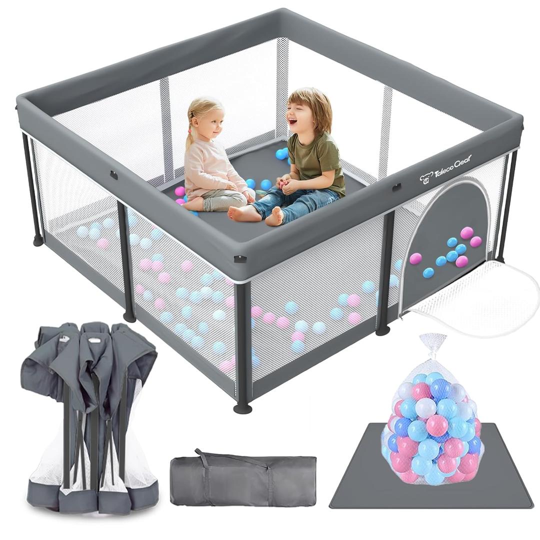 Taleco Gear Foldable Baby Play Pen with Mat, 50''x50'' Playpen for Babies and Toddlers, Playpen for Baby with Gate, Breathable,Foldable Travel Play Pen with 50 Ocean Balls (Grey)