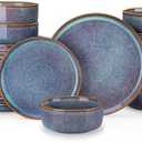 vancasso PLAYA Plates and Bowls Sets, 24 Pieces Grey-Blue Dinnerware Sets for Kitchen, Reactive Glaze Dishes Set for 8, Dishwasher and Microwave Safe