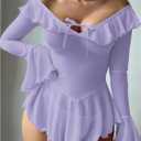 OYOANGLE Women's 2 Piece Off Shoulder Long Sleeve Ruffle Mesh Sheer Nightgowns with Thongs Babydoll Lingerie Set (Purple, S)