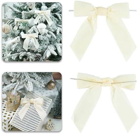 Ivory Velvet Ribbon Christmas Bow 5 Inch Premade Cream Bows for Christmas Tree Hanging Decorations Gift Wrapping Wreaths Crafts Outdoor Indoor Home Decor Wedding, Pack of 12