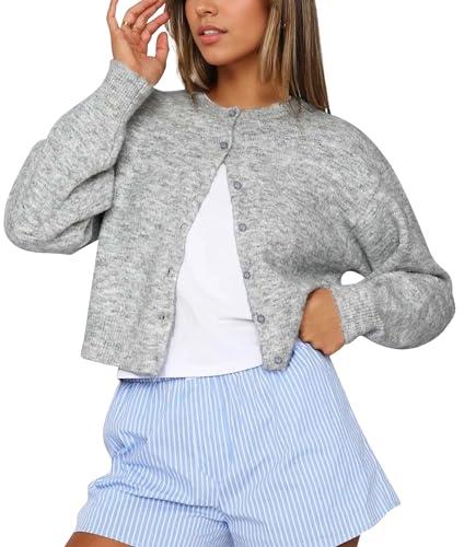 Cioatin Women Y2K Open Front Button Down Crop Sweater Cardigan Long Sleeve Lightweight Knit Pullover Fall Outfits Tops Heather Gray S