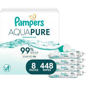 Pampers Aqua Pure Baby Wipes, 99% Water, Fragrance Free, 448 Baby Wipes Total (8X Flip-Top Packs) 