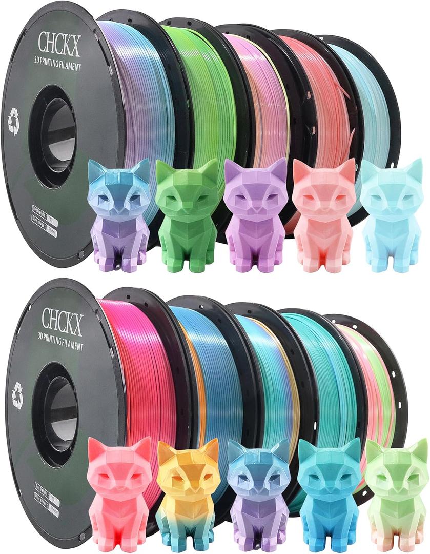10 Pack Silk Rainbow PLA 3D Printer Filament Bundle, Dimensional Accuracy +/- 0.02 mm, 1kg (2.2lbs), 1.75 mm, Rainbow Candy,Blue Green,Red White,Blue White,Green, 10 Mix Rainbow Colors