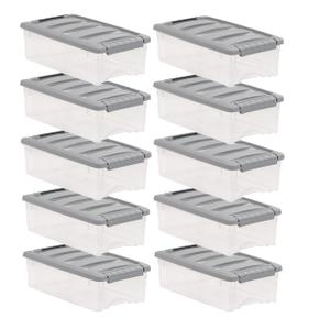 Amazon Basics Plastic Storage Containers with Secure Latching Lids, Stackable Organization Bins, Clear/Grey, 5 Quart, Set of 10