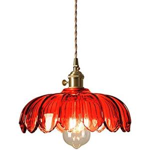 Industrial Vintage Pendant Lighting Fixture Glass Lotus Lamp Shade Farmhouse Pendant Light Chandelier E27 Brass Finish Ceiling Hanging Lamp (Red)