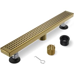 Linear Shower Drain, 24 Inch Gold Shower Drain with Removable Square Hole Cover Grate, Bathroom Modern 304 Stainless Steel Brushed Gold Shower Floor Drain with Adjustable Feet, Hair Catcher