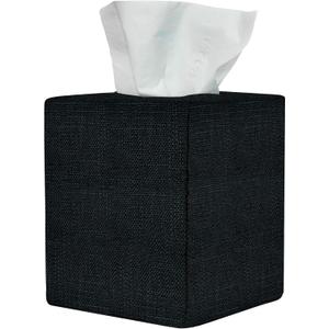 Black Tissue Box Cover, Cute Linen Fabric Decorative Square Tissue Box Holder/Organizer for Bathroom Vanity Countertop/Office/Nightstand/Desk