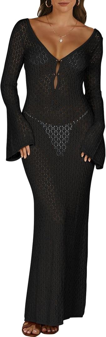 ANRABESS Women Swimsuit Swim Crochet Cover Up Knit Bathing Suit Swimwear 2026 Summer Bodycon Beach Dress Vacation Clothes (Small, Black)