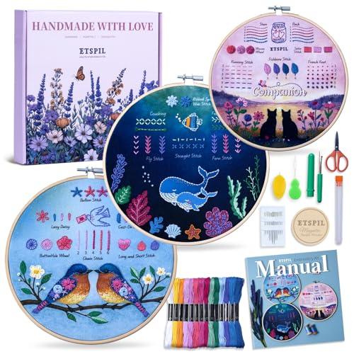 ETSPIL Beginner Embroidery Kit for Teens & Adults - 3-Pack, 19 Stitches, Pre-Stamped Patterns, Needle Minder, 7.8-Inch Hoop, Threads & Needles, Guide & Video - DIY Craft Gift for Women