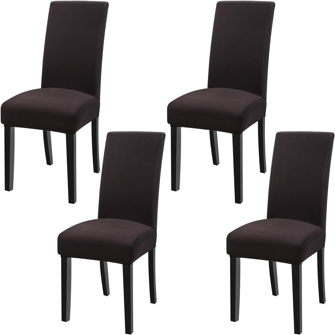 Fuloon 4 Pack Super Fit Stretch Removable Washable Short Dining Chair Protector Cover Seat Slipcover for Hotel, Dining Room, Ceremony, Banquet Wedding Party (Chocolate)