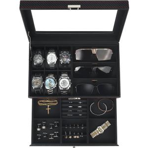 Watch Jewelry Box Organizer, 6-Slot 2-Layer Watch Case and Sunglasses Storage with Large Glass Lid, Men's Jewelry Box with Lock, Watch Holder Display Case, Gift for Men Women