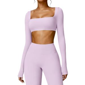 YEOREO Kyla Women Crop Top Long Sleeve Padded Sports Low Medium Impact Yoga Shirt Workout (Large, Purple)