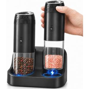 Gravity Electric Salt and Pepper Grinder Set, Rechargeable Automatic Mills with Charging Base, 6-Level Adjustable Coarseness, LED Light, Matte Black, 2-Pack