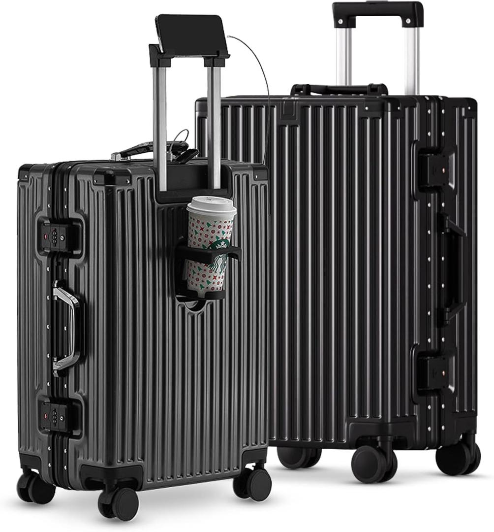 Carry-on with Cup Holder & USB Port Carry on Luggage Durable Luggage Suitcase Lightweight Hardside Luggage with TSA lock & Phone Holder 360 double spinner Wheels (Black=(20+24)lnch, (20+24)lnch), Count of 2 