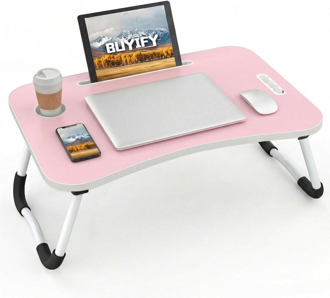 BUYIFY Folding Lap Desk, 23 Inch Portable Wood Blue Laptop Bed Desk Lap Desk with Cup Holder, for Working Reading Writing, Eating, Watching Movies for Bed Sofa Couch Floor -new008 Pink