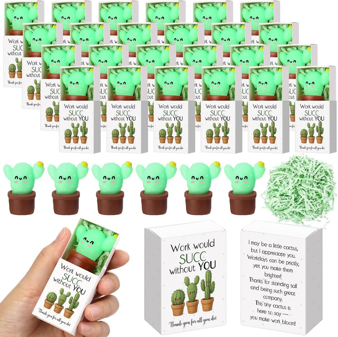 Wettarn 24 Sets Work Appreciation Gifts Cactus Stress Balls with Thank You Boxes Bulk Company Party Favors for Employee Coworker Staff Office Positive Relief Desk Decor