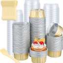 Hushee 300 Set Aluminum Foil Baking Cups with Lids and Spoons 5oz Disposable Ramekins Dessert Muffin Creme Brulee Cupcake Liners Containers for Wedding Birthday Party(Round,Gold)