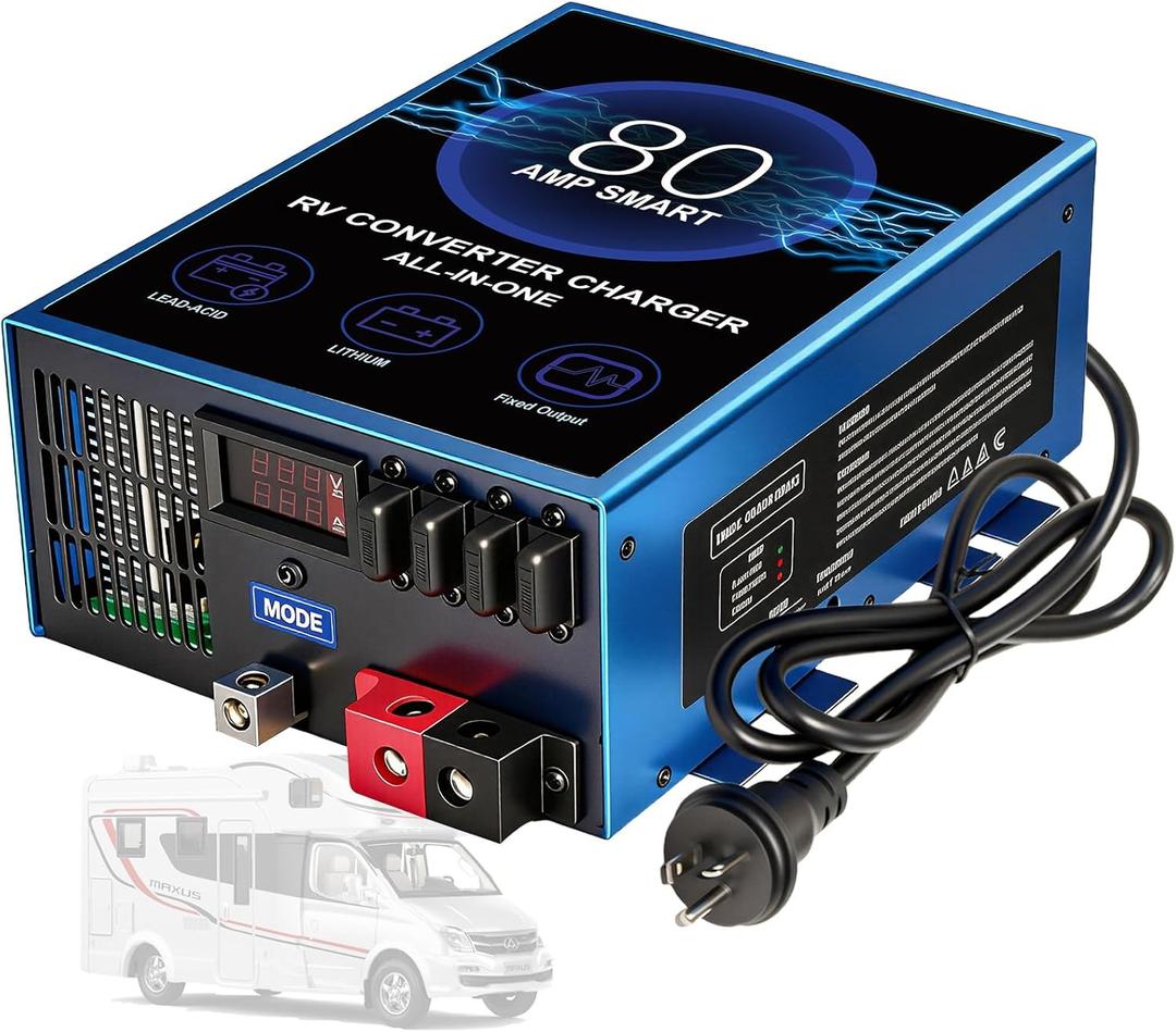 80 Amp RV Power Converter, 110V AC to 12V DC RV Converter Battery Charger with Multi Stage Smart Charging 13V to 16.5V Adjustable Operating Range, Suitable for RV, Boat & Off-Grid Systems