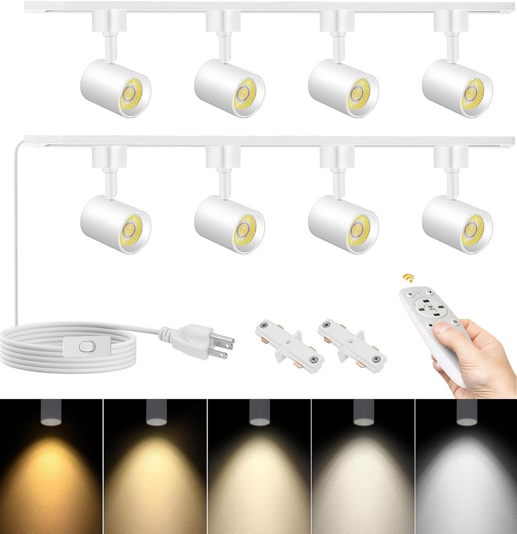 Plug in Track Lighting with Remote, 8-Light Track Light with Plug in Cord, LED Track Lighting Kit with H Track Rails, Dimmable Track Lighting Fixtures Ceiling Spotlight, White