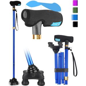 Walking Cane for Women for Stability, Folding Adjustable Quad Cane Suitable for 5.4FT-6.3FT, Self Standing Cane with Pad for Men and Seniors (Blue)