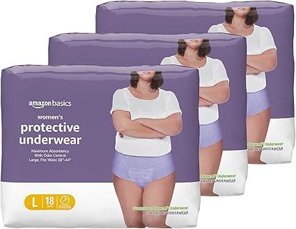 Amazon Basics Incontinence Underwear for Women, Protective, Disposable, Postpartum, Maximum Absorbency, Large, Lavender, 54 Count (3 Packs of 18)
