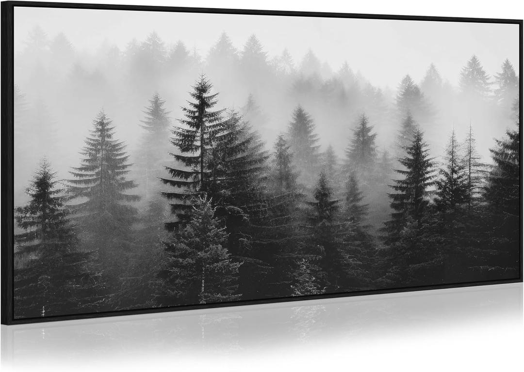 Foggy Mountain Canvas Wall Art: Black and White Misty Forest Framed Picture Modern Pine Tree Painting Nature Landscape Prints Large Artwork for Bedroom Living Room Home Office