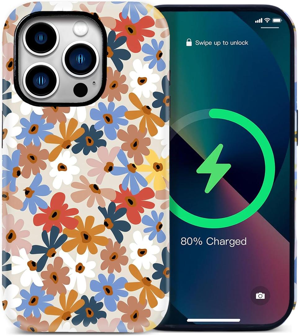 Qokey for iPhone 16 Pro Case - Compatible with MagSafe, Frosted Colorful Lovely Flowers, 2-Layers Hybrid Hard & Soft Magnetic Shell Shockproof Design, Military-Grade Drop Protection Phone Cover (Boho Brown Flower)