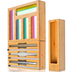 9 IN 1 Bamboo Foil and Plastic Wrap Organizer for Kitchen Drawer, Plastic Bag Organizer Organization and Storage, Food Storage Bag Organizer with Labels for Quart Gallon Snack Sandwich