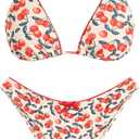 ZAFUL Women's String Triangle Bikini Sets Sexy Triangle Textured Tied High Cut Swimsuit Brazilian 2 Piece Bathing Suit (Floal Cherry) S