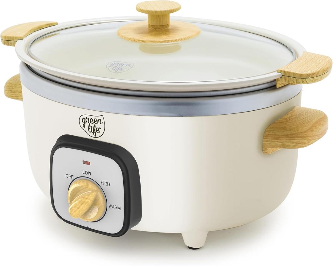 GreenLife 3.5QT Slow Cooker, PFAS-Free Non-Toxic Ceramic Nonstick Removable Interior Bowl, Programmable, Keep Warm, Stovetop & Oven Safe Pot, Dishwasher Safe Crock & Glass Lid, Cream